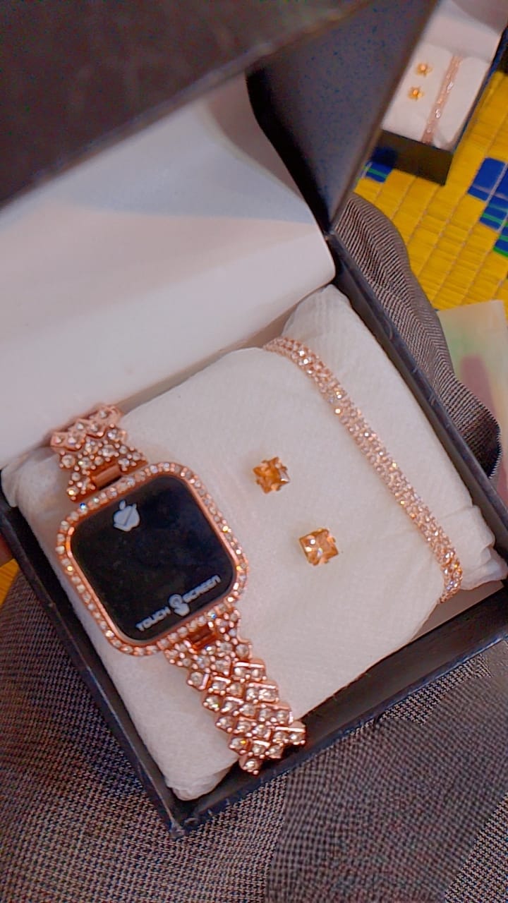 Glamorous 3-Piece Women's Rose Gold-Tone Crystal Watch Gift Set | Modern Touch-Screen Style Watch, Tennis Bracelet & Stud Earrings