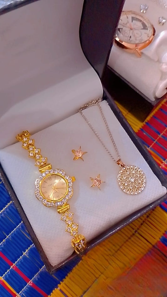 Luxury Gold Women’s Watch Gift Set – Crystal Bracelet Watch with Necklace & Earrings | Elegant 4-Piece Jewelry Set