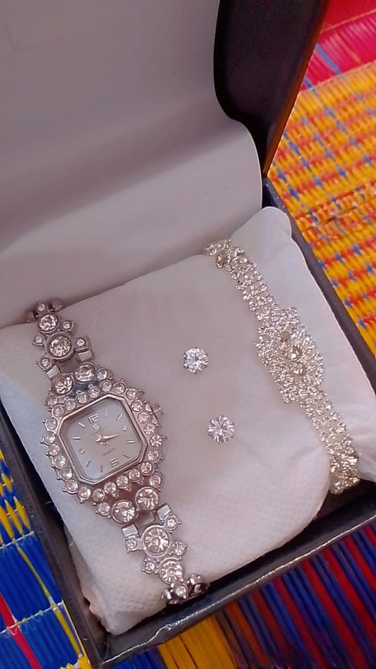 Luxury Silver Women’s Watch & Bracelet Gift Set – Crystal Square Dial Watch with Matching Bracelet & Earrings | Elegant 4-Piece Jewelry Set