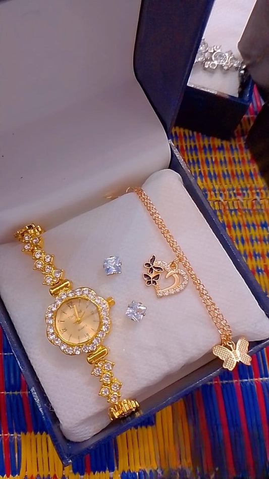 Elegant Gold Crystal Watch & Butterfly Jewelry Gift Set – 4 Piece Ladies Accessories Set