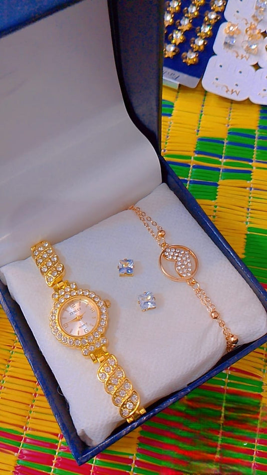 Elegant 4-Piece Gold-Tone Rhinestone Watch & Jewelry Gift Set for Women
