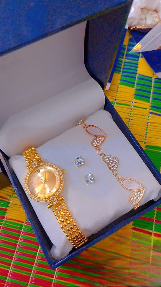 Elegant 3-Piece Women's Gold-Tone Watch & Charm Bracelet Gift Set | Includes Crystal Stud Earrings