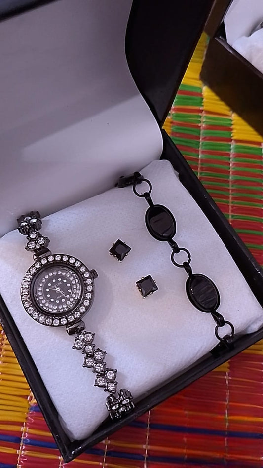 Sophisticated 3-Piece Women's Gunmetal & Black Crystal Watch Gift Set | Includes Oval Bracelet & Black Stud Earrings