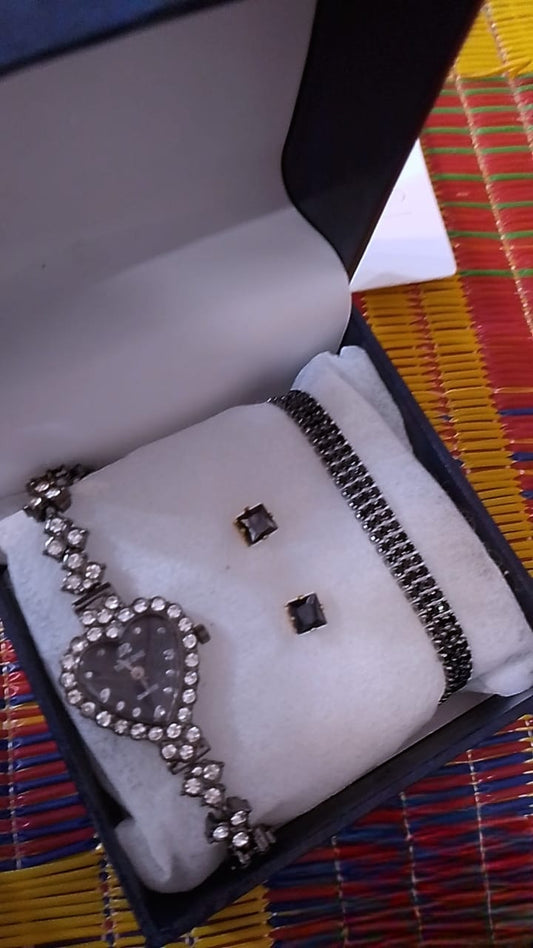 Romantic 3-Piece Heart-Shaped Gunmetal Watch & Jewelry Gift Set | Includes Tennis Bracelet & Black Stud Earrings