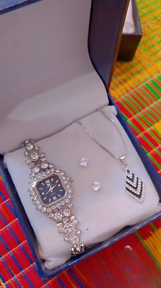 Glamorous 3-Piece Women's Silver-Tone Crystal Watch Gift Set | Includes Geometric Pendant Necklace & Stud Earrings