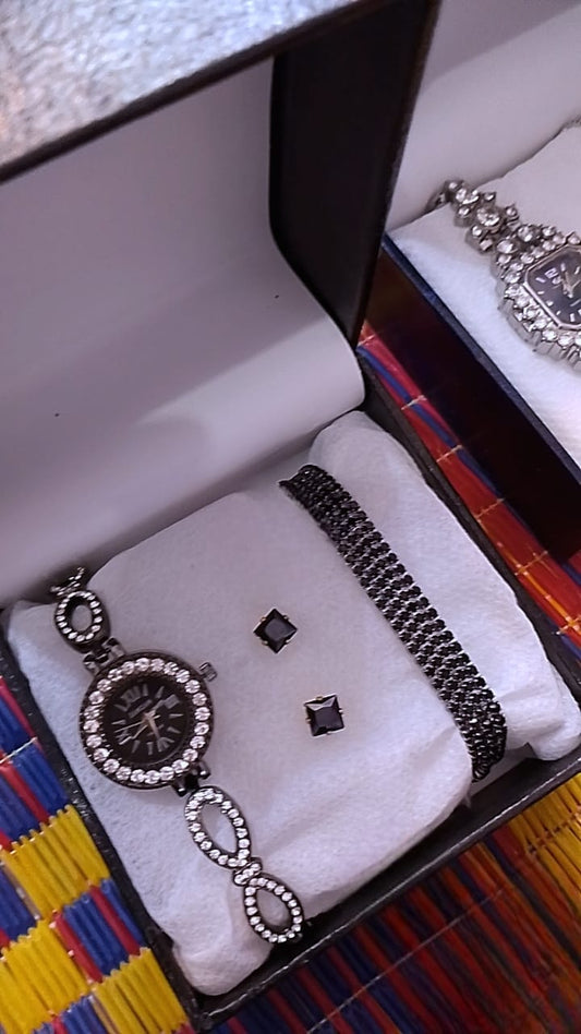 Sophisticated 3-Piece Women's Gunmetal Crystal Watch Gift Set | Oval-Link Watch, Multi-Row Bracelet & Black Studs