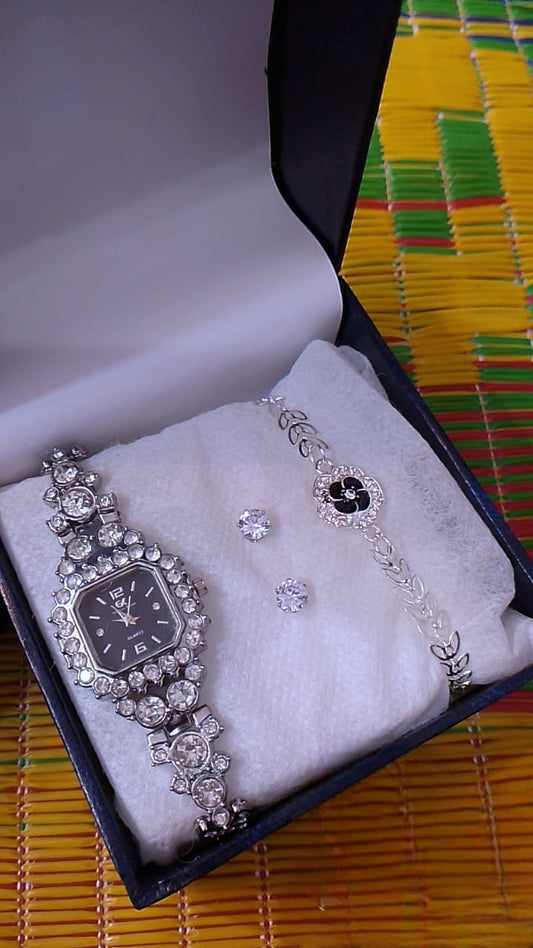 Elegant 3-Piece Women's Silver-Tone Crystal Watch Gift Set | Includes Floral Leaf-Link Bracelet & Round Studs