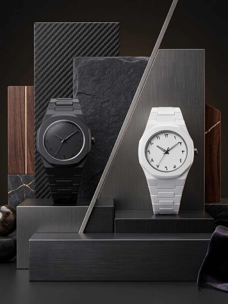Black Aura WatchStealth Series: Matte Black & Arctic White Eastern Arabic Watch